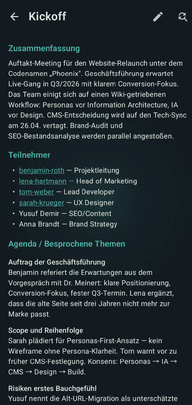 Stimmfang Android-App: Einzelne Wiki-Notiz mit Zusammenfassung und Teilnehmern