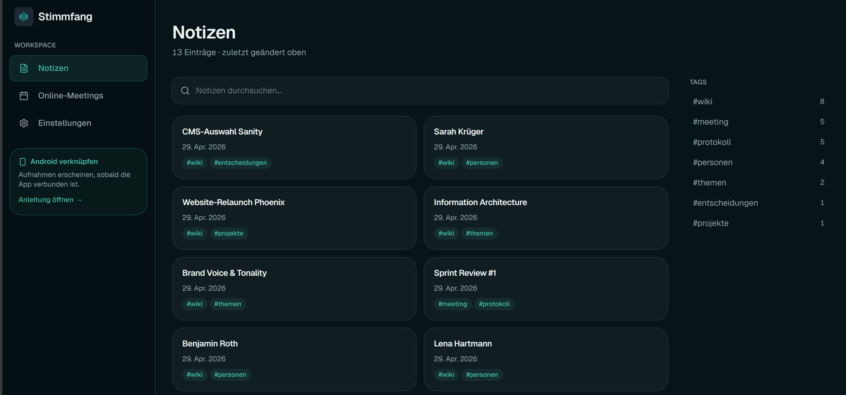 Stimmfang Web-App: Übersicht mit Notizen und Tag-Filter